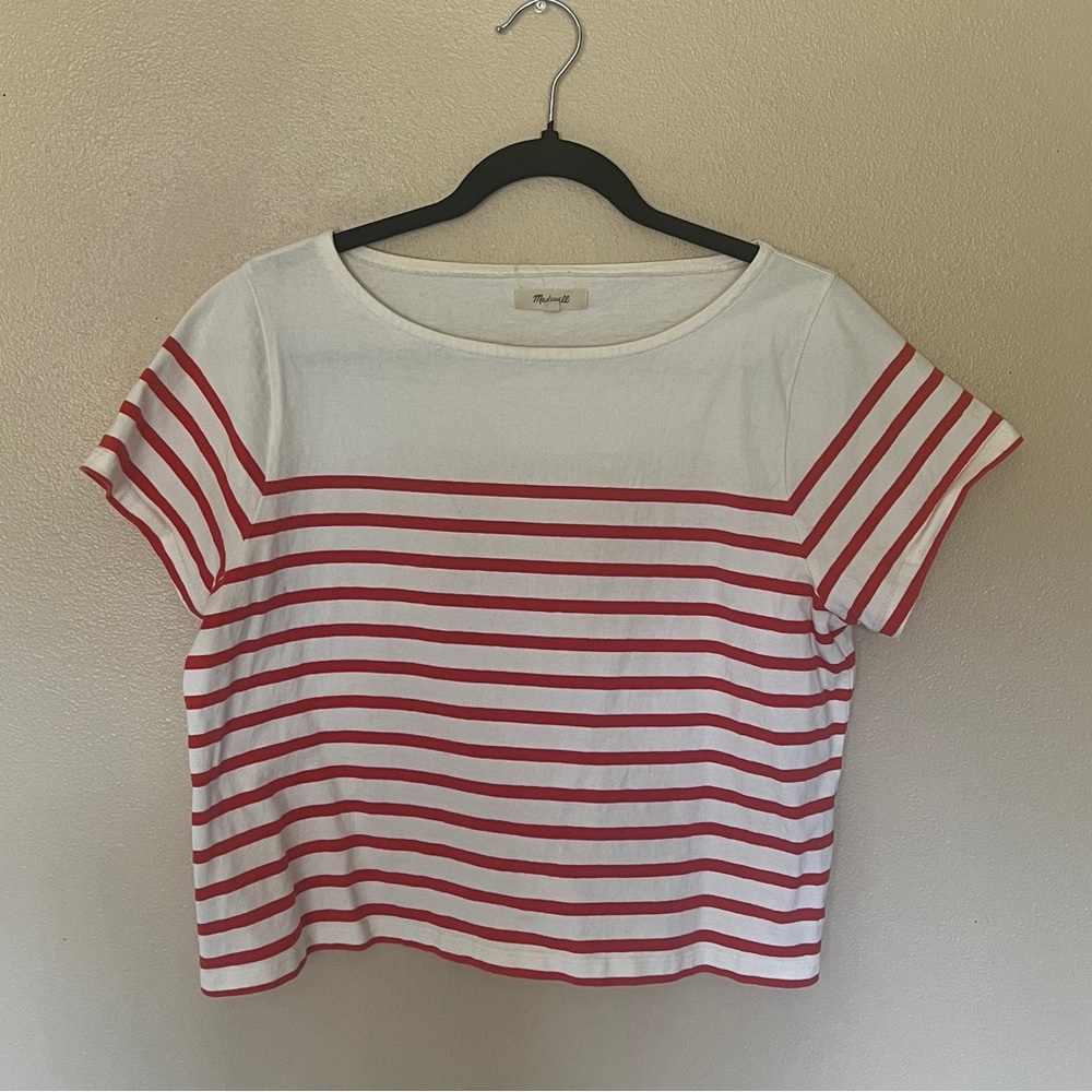 Madewell cropped tee, red and white stripes, size medium.